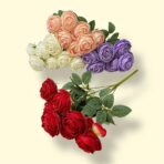 مجموعة ورد جوري صناعي شبيه الطبيعي، 7 وردات مع اوراق