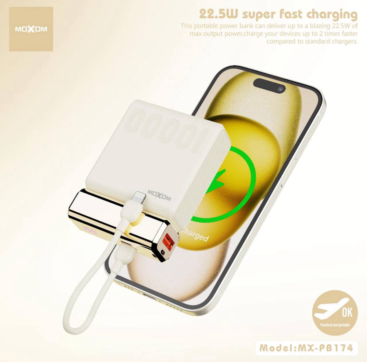 photo_1_2025-11-30_17-29-35 باور بنك Mini قوة 10000 محمول مع كابل ايفون موكسوم لون بيج - 3 مداخل - الصورة 1